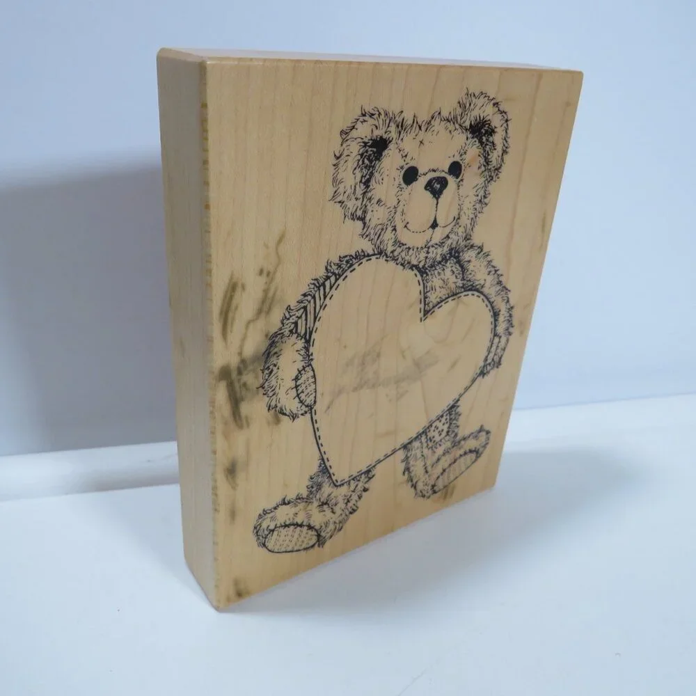 Teddy Bear with stitched Heart Wooden Rubber Stamp NEW
